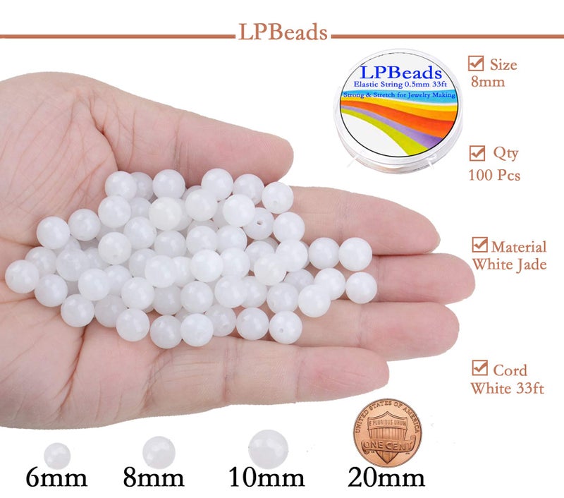 LPBeads 100pcs Polished 8mm Round Natural White Jade Gemstone Loose Beads with Stretch Cord for Jewelry Making Bracelets - Image 2